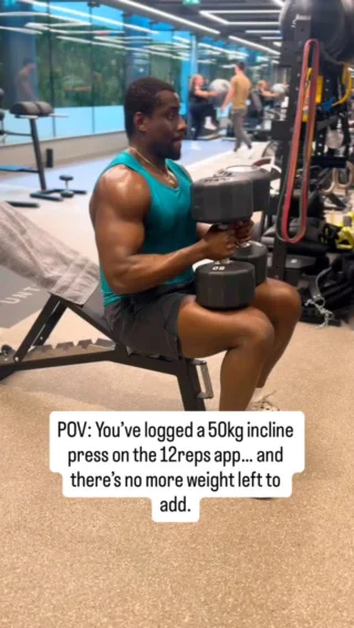 POV: You’ve logged a 50kg incline press on the 12reps app… and there’s no more weight left to add.

Download the 12reps app to instantly personalise your  strength training workouts at the gym or at home , based on the equipment you have, your mood, time, and the body part you want to train.